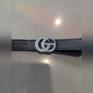 GG Black Leather Belt with Silver Sparkle Buckle